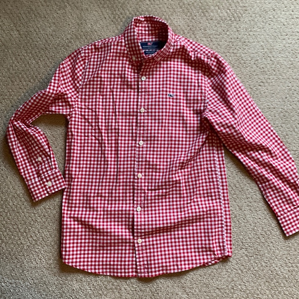 Red checkered Boys Vineyard Vines dress shirt